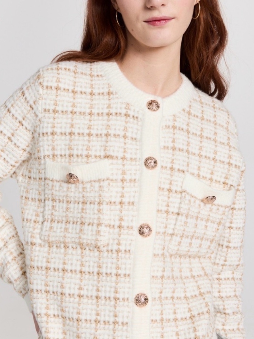 Line & Dot Alexa Cream and Gold Tweed Knit Cardigan